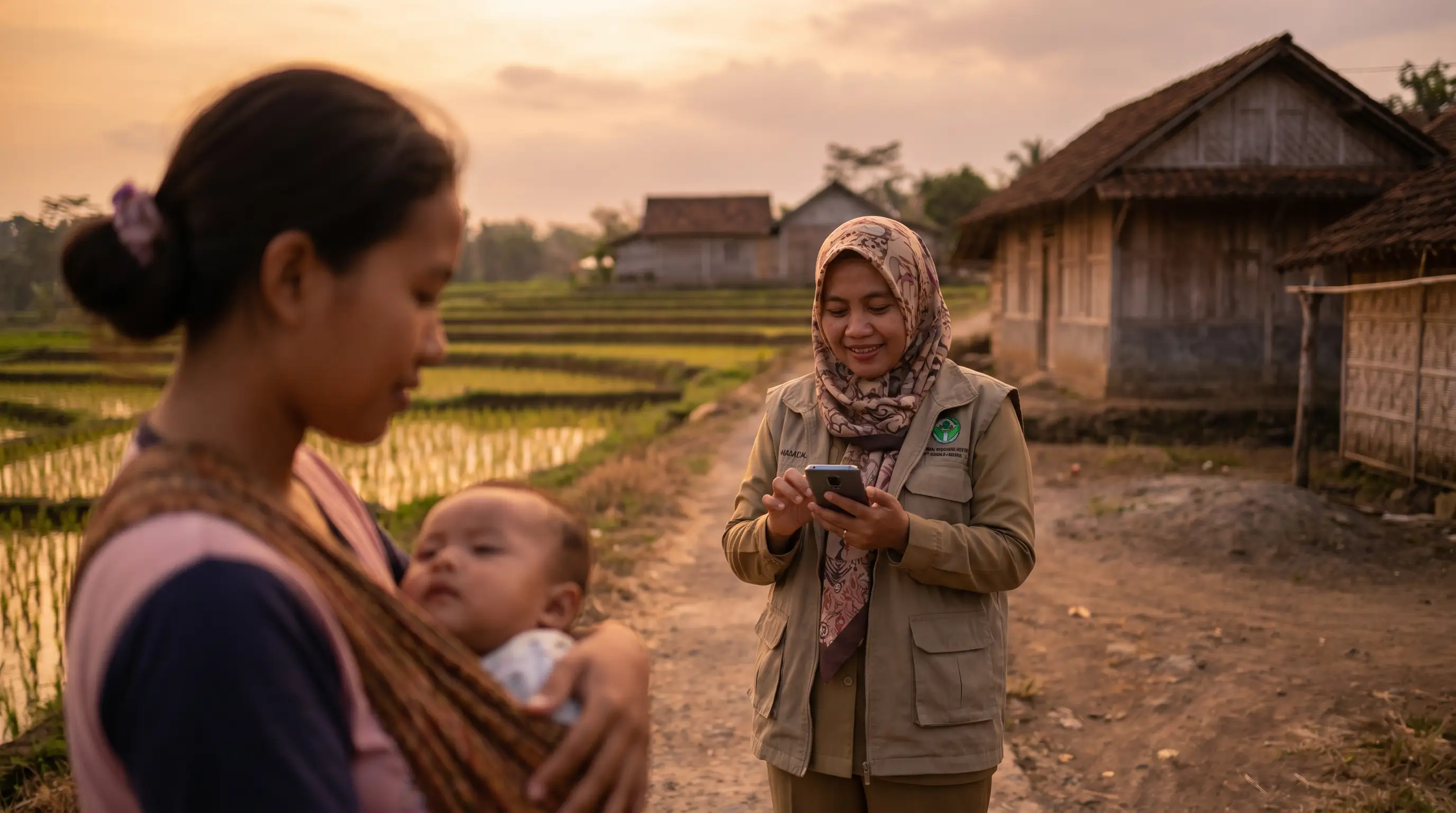 An Indonesian community health worker using a phone beside a mother holding her baby in a village at golden hour