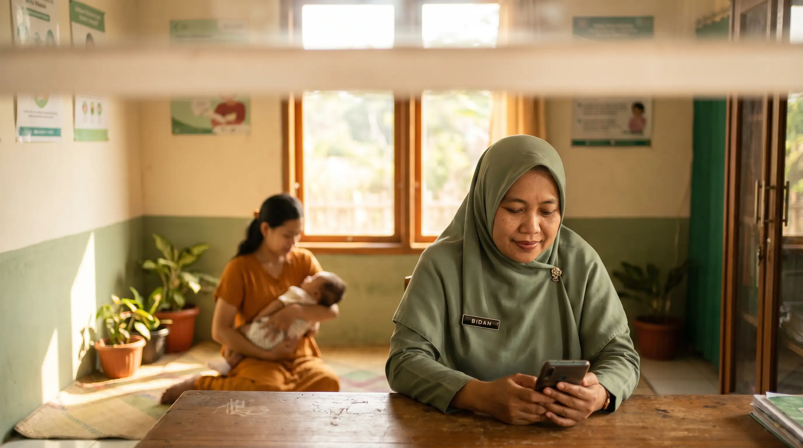 An Indonesian midwife reviewing a phone in a village health post while a mother and baby sit nearby