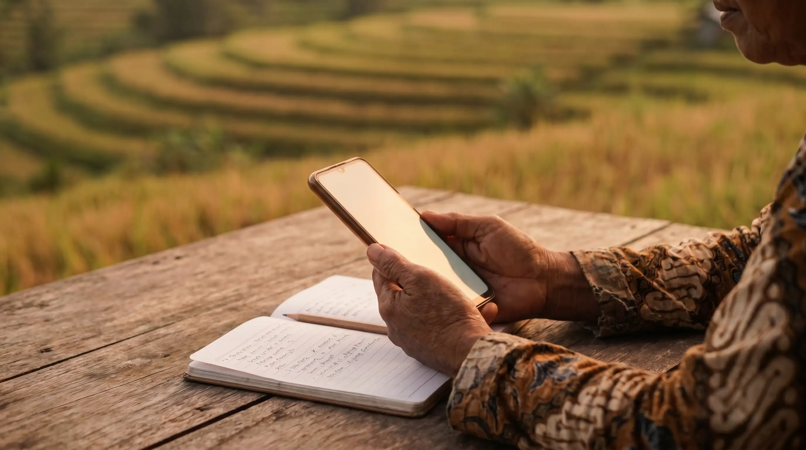 Close view of a health worker's hands holding a phone beside a notebook, rice fields behind